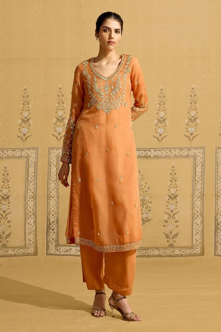 Shop_Shyam Narayan Prasad_Rust Silk Organza Embroidery, Zari V-neck Zardozi Kurta Set _Online_at_Aza_Fashions