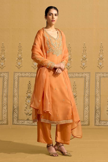 Shyam Narayan Prasad_Rust Silk Organza Embroidery, Zari V-neck Zardozi Kurta Set _at_Aza_Fashions