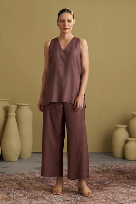 Vaaya_Brown Handloom , Silk, V-neck Handwoven Pant Set _Online_at_Aza_Fashions