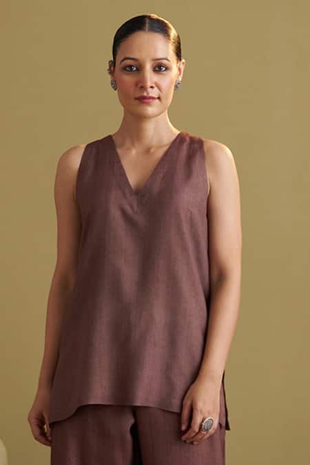 Buy_Vaaya_Brown Handloom , Silk, V-neck Handwoven Pant Set _Online_at_Aza_Fashions