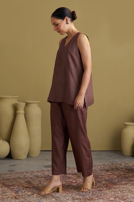 Vaaya_Brown Handloom , Silk, V-neck Handwoven Pant Set _at_Aza_Fashions