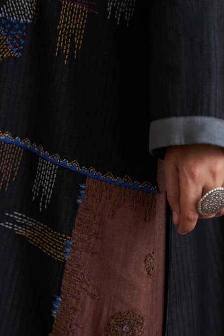 Vaaya_Black , Cotton, Chanderi Embroidery, Patchwork Shibori Jacket _Online_at_Aza_Fashions