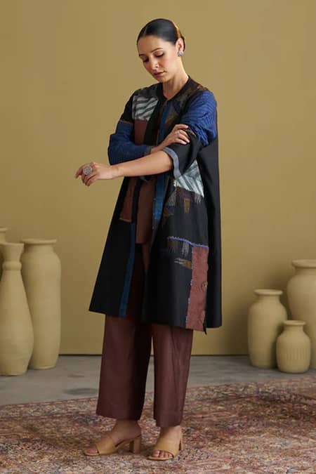 Buy_Vaaya_Black , Cotton, Chanderi Embroidery, Patchwork Shibori Jacket _Online_at_Aza_Fashions