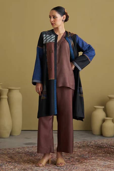 Shop_Vaaya_Black , Cotton, Chanderi Embroidery, Patchwork Shibori Jacket _Online_at_Aza_Fashions