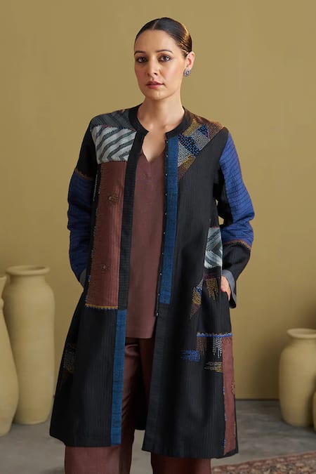 Vaaya_Black , Cotton, Chanderi Embroidery, Patchwork Shibori Jacket _at_Aza_Fashions