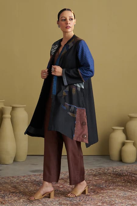 Buy_Vaaya_Black , Cotton, Chanderi Embroidery, Patchwork Shibori Jacket 