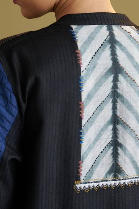 Shop_Vaaya_Black , Cotton, Chanderi Embroidery, Patchwork Shibori Jacket 