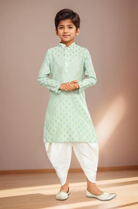 Shop_Petite Pomme_Green Brocade, Silk Geometric Butti Kurta Set_Online_at_Aza_Fashions