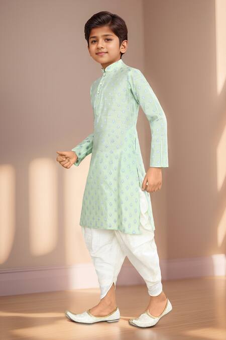 Petite Pomme_Green Brocade, Silk Geometric Butti Kurta Set_at_Aza_Fashions