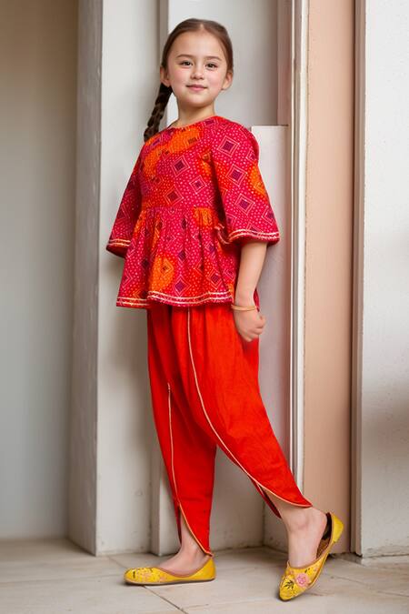 Buy_Petite Pomme_Orange Cotton Bandhani Printed Top And Dhoti Set_Online_at_Aza_Fashions