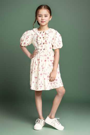 Buy Petite Pomme White Cotton Floral Print Fit And Flare Dress at Aza Fashions Buy_Petite Pomme_White Cotton Floral Print Fit And Flare Dress_at_Aza_Fashions