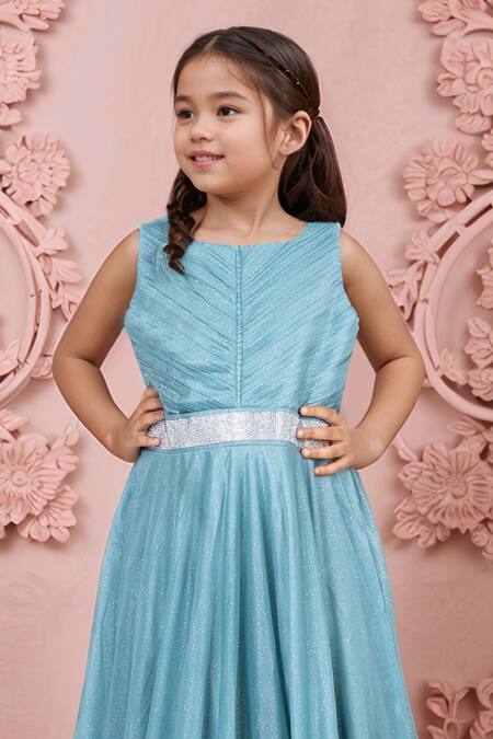 Shop_Petite Pomme_Green Cotton Shimmer Embroidered Pleated Gown_Online_at_Aza_Fashions