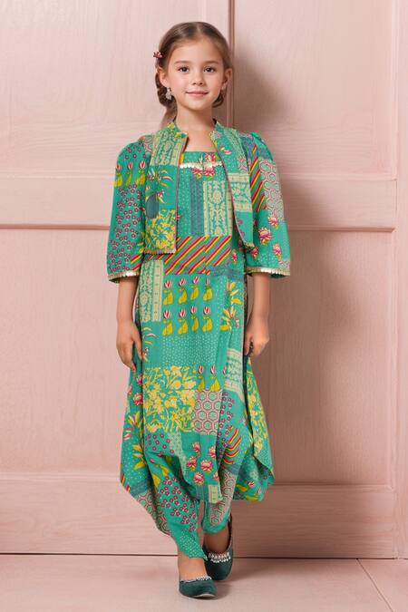 Petite Pomme_Green Cotton Sequins, Patchwork Print Jumpsuit And Jacket Set_Online_at_Aza_Fashions