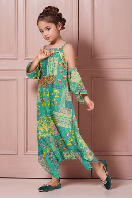 Buy_Petite Pomme_Green Cotton Sequins, Patchwork Print Jumpsuit And Jacket Set_Online_at_Aza_Fashions