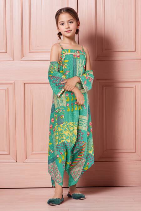 Shop_Petite Pomme_Green Cotton Sequins, Patchwork Print Jumpsuit And Jacket Set_Online_at_Aza_Fashions