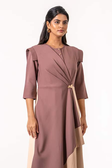 K-Anshika_Brown Crepe Round Neck Color Block Asymmetric Midi Dress _Online_at_Aza_Fashions