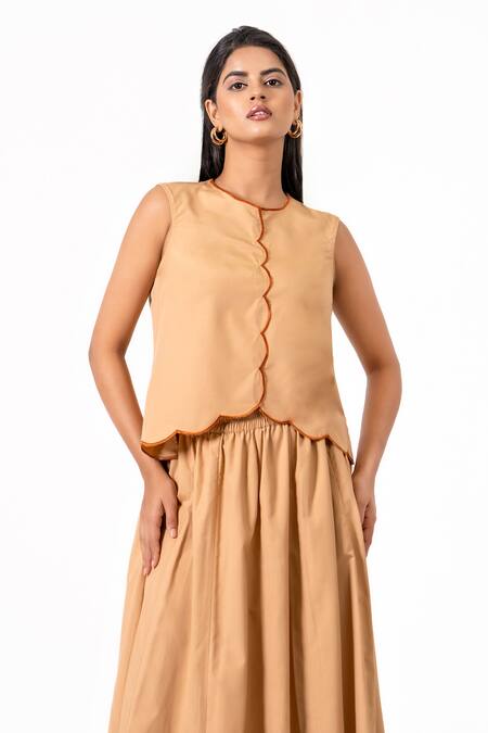 K-Anshika_Beige Cotton Embroidery Round Neck Scalloped Resham Top And Skirt Set _Online_at_Aza_Fashions