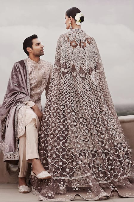 Shop_Matsya_Beige Silk Diamonds, Sequins, Royal Amanbagh Dori Embroidered Sherwani Set _Online_at_Aza_Fashions