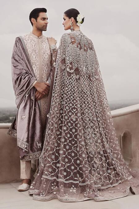 Matsya_Beige Silk Diamonds, Sequins, Royal Amanbagh Dori Embroidered Sherwani Set _at_Aza_Fashions