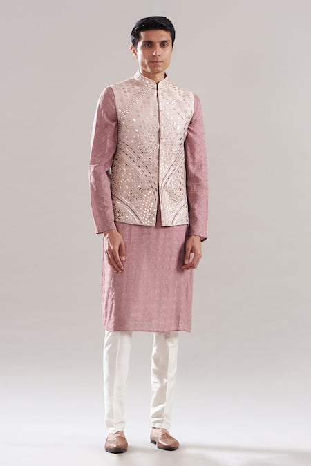 Asuka Pink Chanderi Silk, Silk, Cotton Mirrors Embroidered Bundi And Kurta Set 