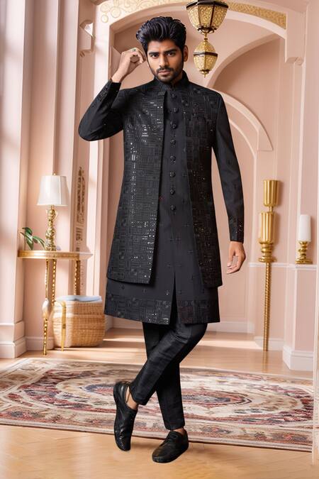 Buy Arihant Rai Sinha Black Silk, Faux Leather Sequins, Embroidery Geometric Sherwani Set Online at Aza Fashions Buy_Arihant Rai Sinha_Black Silk, Faux Leather Sequins, Embroidery Geometric Sherwani Set _Online_at_Aza_Fashions