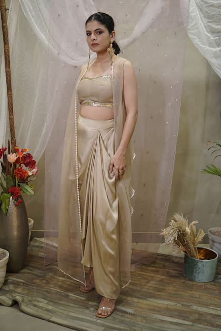 Vedangi Agarwal Sheer Cape & Draped Skirt Set 