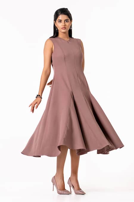 K-Anshika_Brown Crepe Round Neck Sleeveless Flared Midi Dress _Online_at_Aza_Fashions