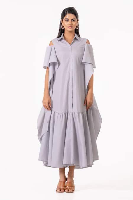 K-Anshika Striped Cold Shoulder Ruffle Maxi Dress 