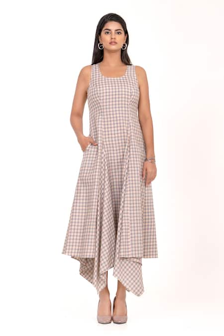 K-Anshika Checked Sleeveless Asymmetrical Hem Midi Dress 