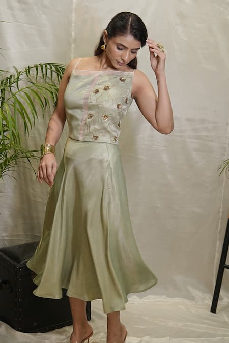 Vedangi Agarwal Sage Whisper Embroidered Top With Skirt 