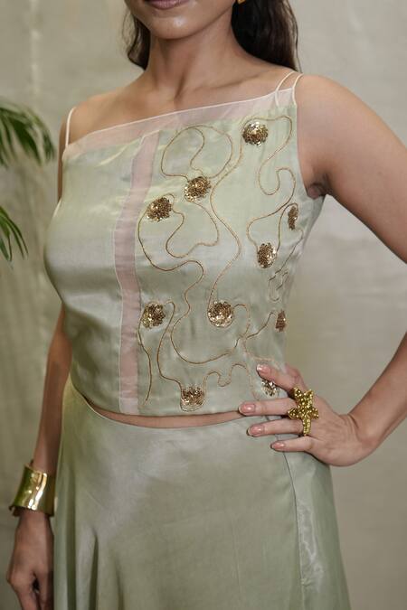 Shop Vedangi Agarwal Green Organza Sequins, Embroidery Square Neck Sage Whisper Top With Skirt Online at Aza Fashions Shop_Vedangi Agarwal_Green Organza Sequins, Embroidery Square Neck Sage Whisper Top With Skirt _Online_at_Aza_Fashions