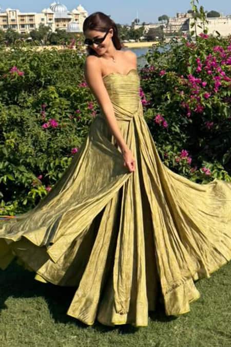 Punit Balana_Green Satin, Silk Sequins, Embroidery Bandhani Pattern Corset And Lehenga Set _at_Aza_Fashions