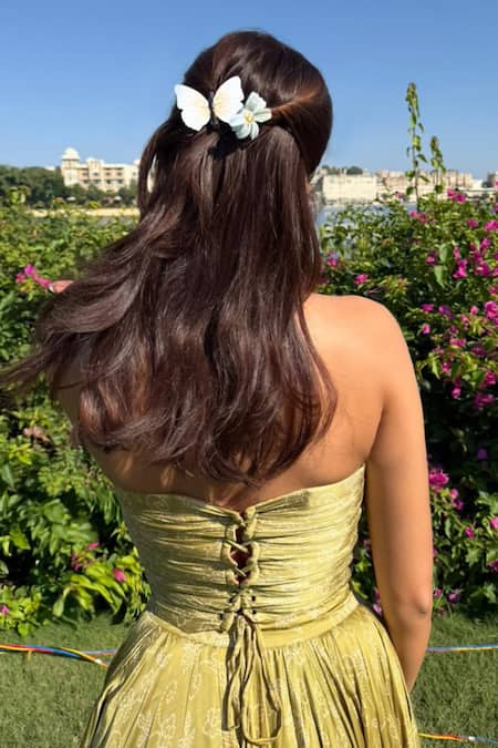 Buy_Punit Balana_Green Satin, Silk Sequins, Embroidery Bandhani Pattern Corset And Lehenga Set 