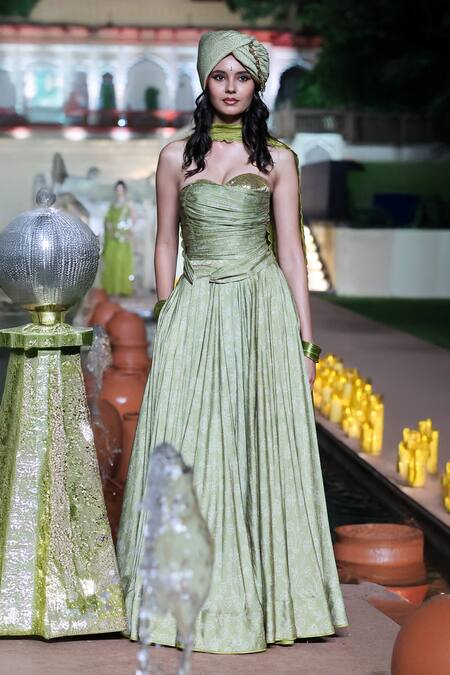 Shop_Punit Balana_Green Satin, Silk Sequins, Embroidery Bandhani Pattern Corset And Lehenga Set 