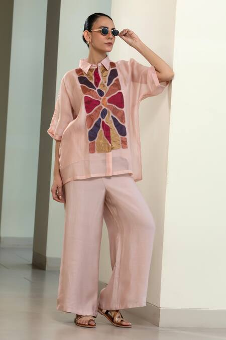 Eeda_Pink Viscose, Silk Patchwork Collared Geometric Shirt With Inner Slip _Online_at_Aza_Fashions