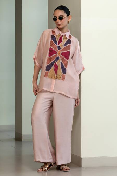 Eeda_Pink Viscose, Silk Patchwork Collared Geometric Shirt With Inner Slip _at_Aza_Fashions