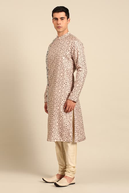 Buy_Mayank Modi - Men_Beige Silk Embroidery, Sequins Geometric Print Kurta And Churidar Set 