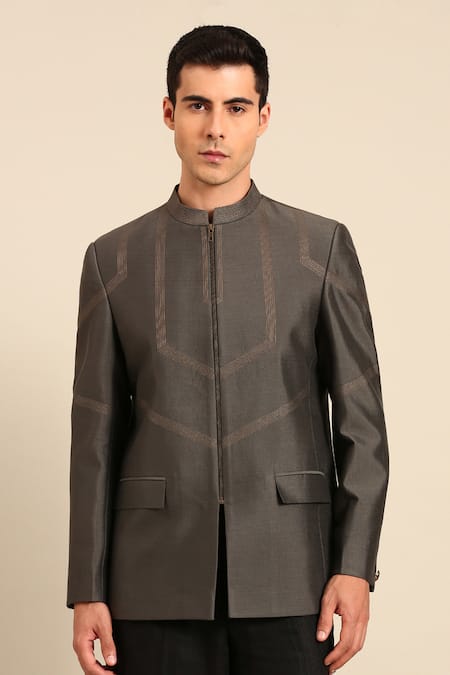 Mayank Modi - Men Geometric Pattern Zipper Bandhgala 