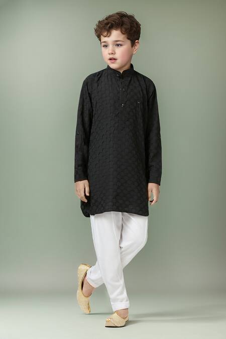 Petite Pomme_Black Cotton Textured Kurta Set _at_Aza_Fashions