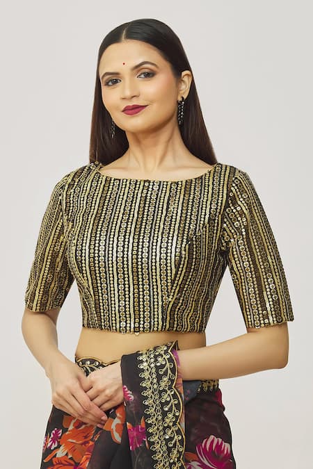 Buy Samyukta Singhania Black Net Sequins, Embroidery Boat Neck Work Blouse at Aza Fashions Buy_Samyukta Singhania_Black Net Sequins, Embroidery Boat Neck Work Blouse _at_Aza_Fashions