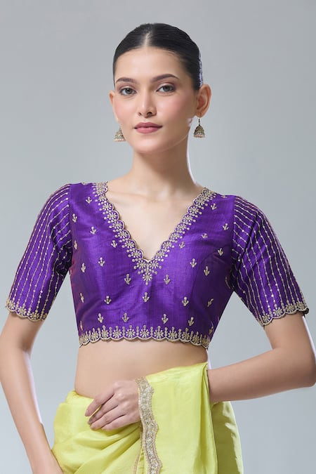 Buy Samyukta Singhania Purple Silk Sequins, Zari Scoop Neck Floral Embroidered Saree Blouse at Aza Fashions Buy_Samyukta Singhania_Purple Silk Sequins, Zari Scoop Neck Floral Embroidered Saree Blouse _at_Aza_Fashions
