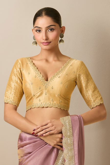 Samyukta Singhania Gold Silk Zari, Sequins V-neck Embroidered Scallop V Blouse 