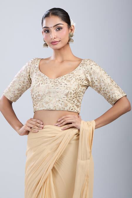 Shop Samyukta Singhania Gold Embroidery Leaf Neck Floral Blouse Online at Aza Fashions Shop_Samyukta Singhania_Gold Embroidery Leaf Neck Floral Blouse _Online_at_Aza_Fashions
