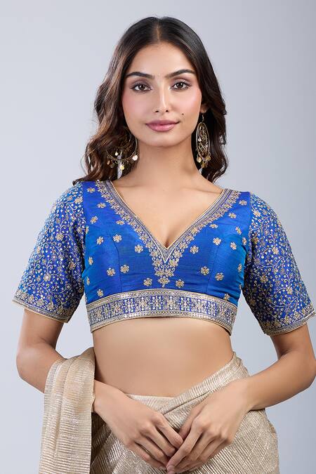 Samyukta Singhania_Blue Silk Embroidery V-neck Floret Blouse _Online_at_Aza_Fashions