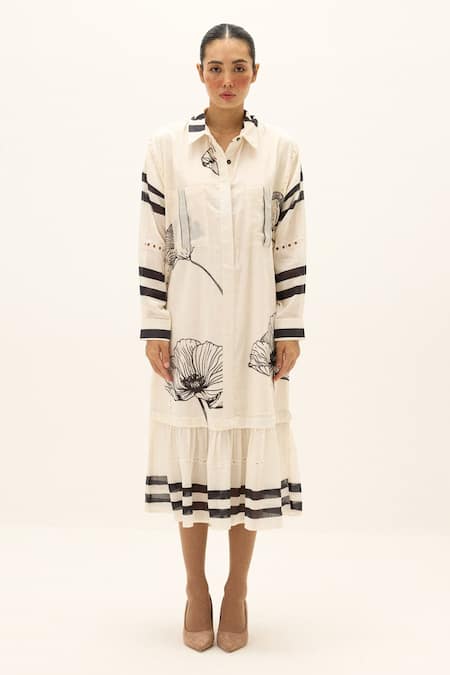 Kharakapas White Cotton Collared Frostline Dress at Aza Fashions Kharakapas_White Cotton Collared Frostline Dress _at_Aza_Fashions