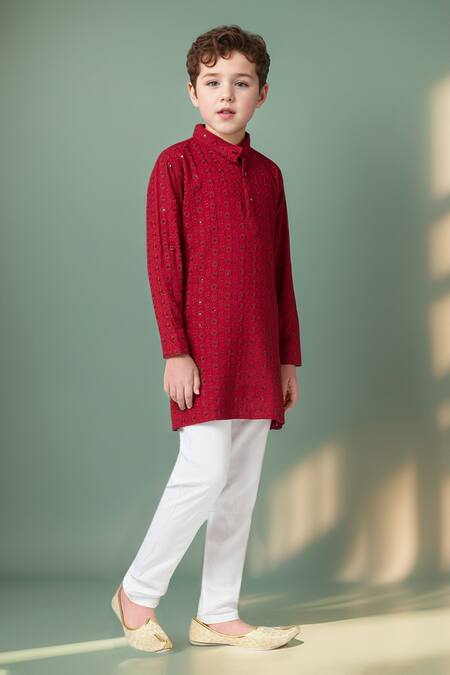 Shop Petite Pomme Maroon Cotton Embroidery, Sequins Kurta Set Online at Aza Fashions Shop_Petite Pomme_Maroon Cotton Embroidery, Sequins Kurta Set _Online_at_Aza_Fashions