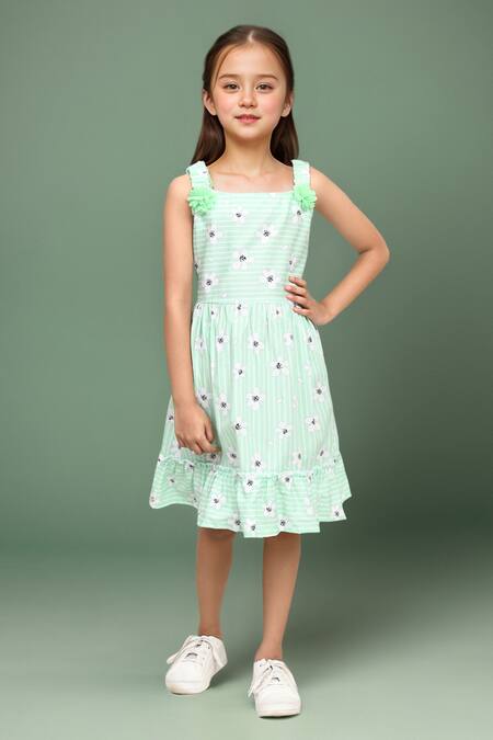 Petite Pomme Green Striped Floral Cotton Frock 