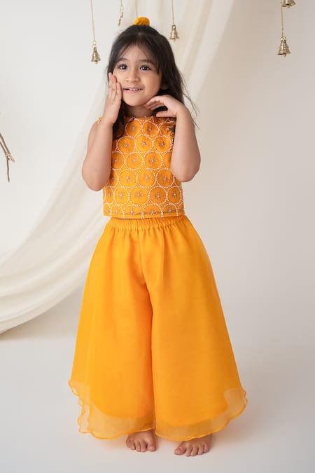 Label Neeti_Yellow Organza Pearls, Beads, Embroidery Hand Palazzo Set _Online_at_Aza_Fashions