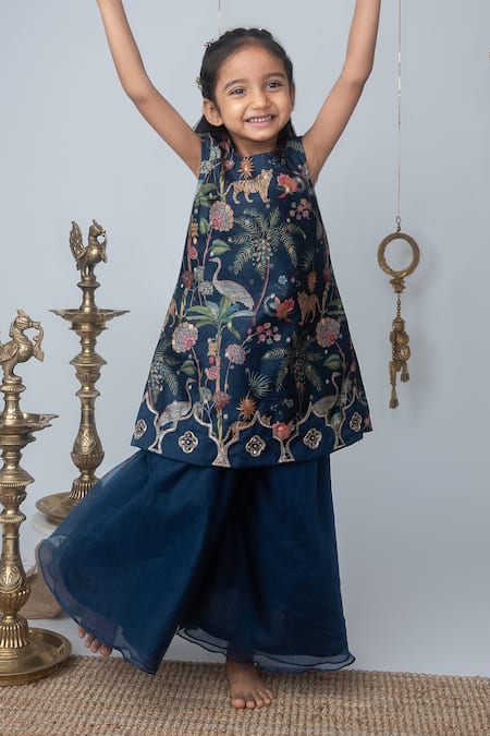 Shop_Label Neeti_Blue Chanderi, Organza Zari Jungle Print Kurta And Palazzo Set _Online_at_Aza_Fashions
