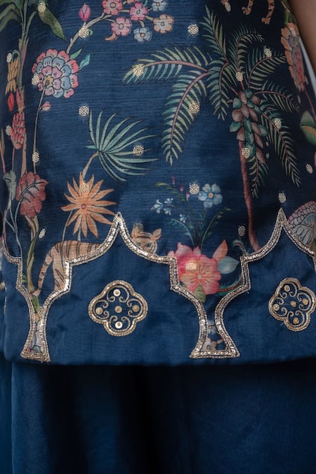 Label Neeti_Blue Chanderi, Organza Zari Jungle Print Kurta And Palazzo Set _at_Aza_Fashions